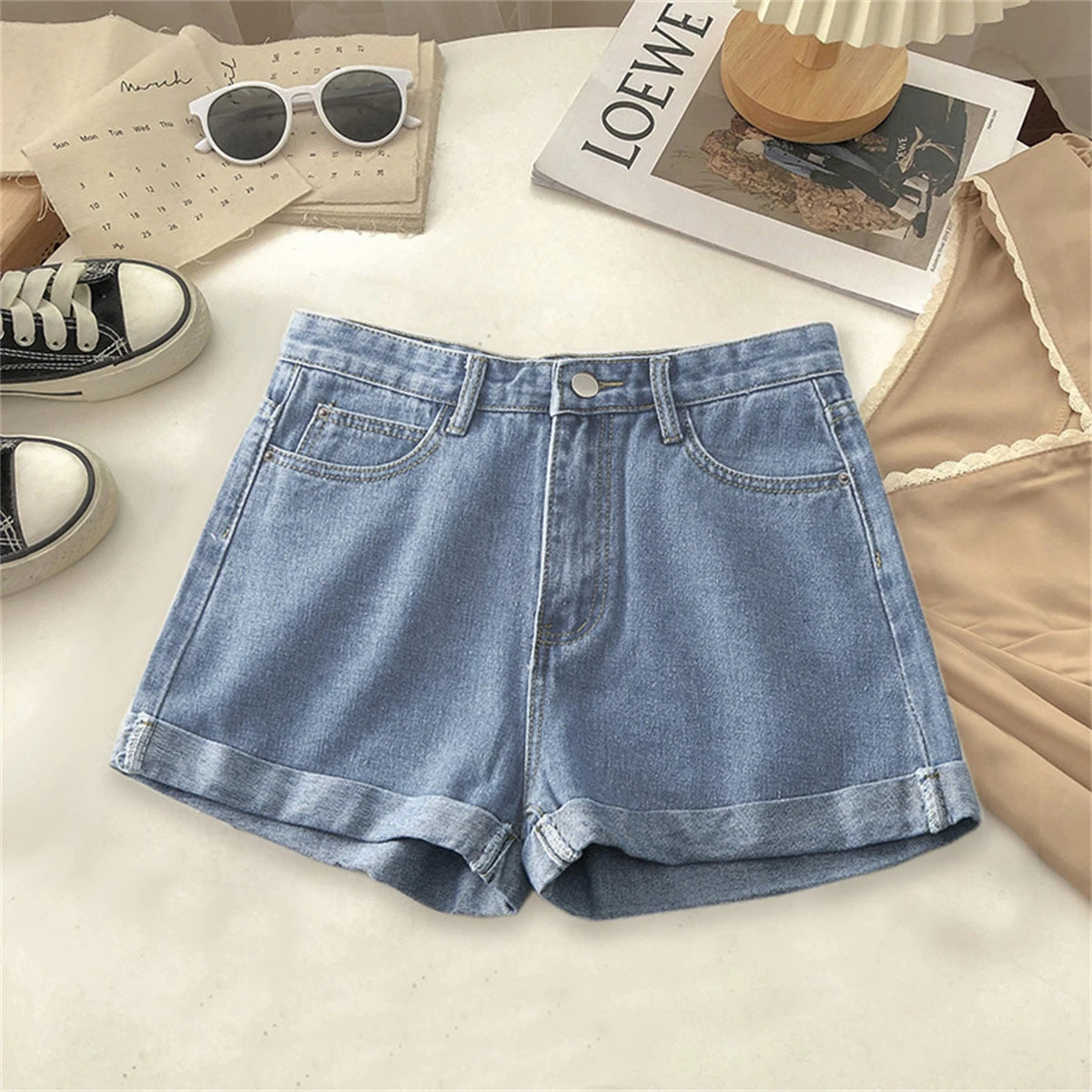 High Waist Wide Leg Short Jeans Women's Summer Loose Pocket Korean Style A-Line Casual Hot Pants Blue Denim Shorts Streetwear