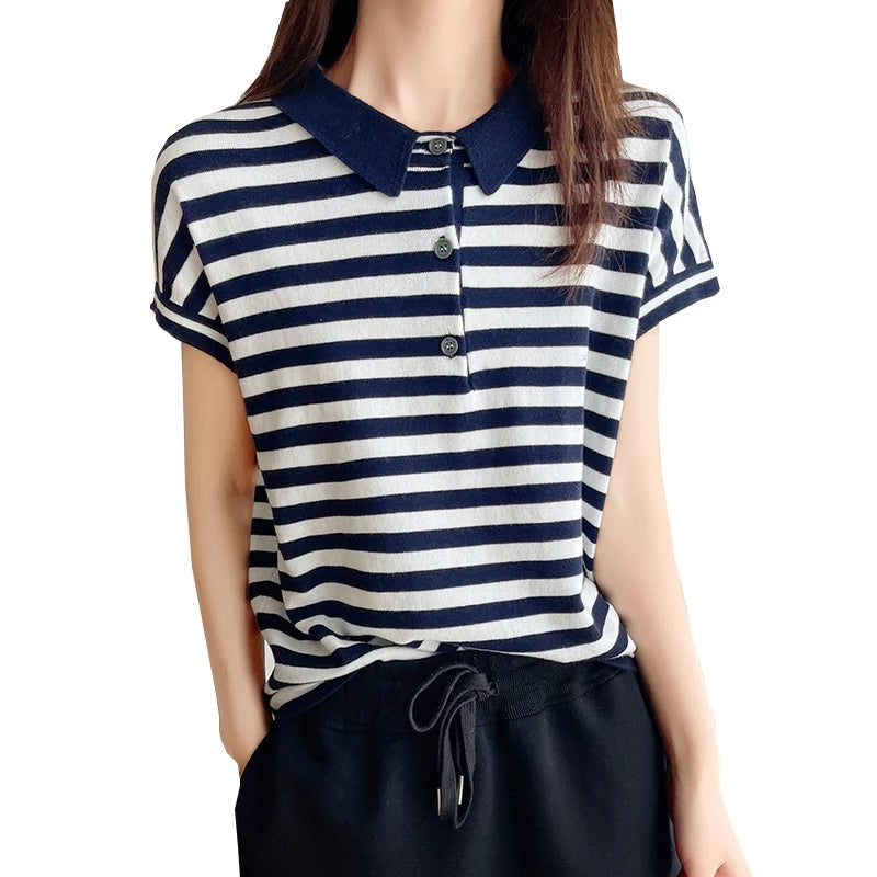 100% pure cotton short sleeved T-shirt women's summer Korean version new polo collar striped knitted sweater loose top
