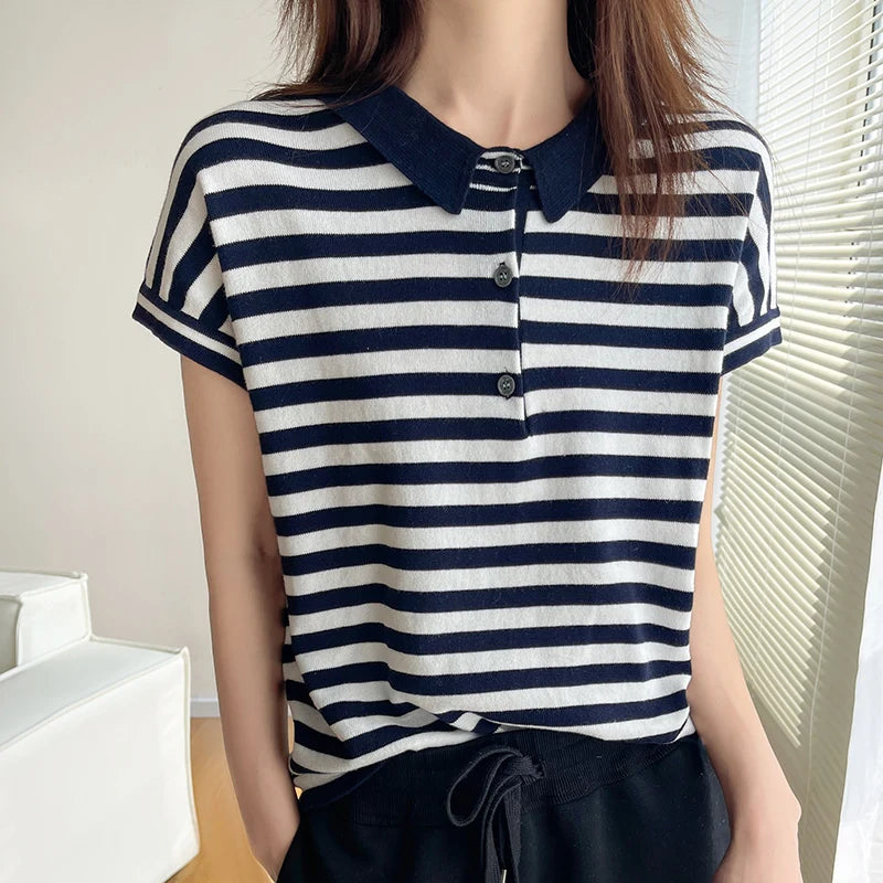 100% pure cotton short sleeved T-shirt women's summer Korean version new polo collar striped knitted sweater loose top