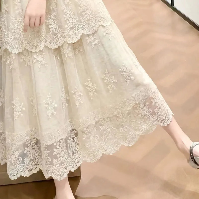 Women's Lace Floral Embroidered Tiered Maxi Skirt Casual High Waist A-line Skirt